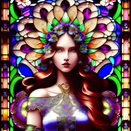 "Stained glass window design of an insane beautiful girl framed with fractal flowers" long shiny, wavy flowing hair, polished, ultra-detailed vector floral illustration mixed with hyper realism, vivid pastel colors, vector floral details in the background, muted colours, hyper-detailed ultra intricate overwhelming realism in a detailed complex scene with magical fantasy atmosphere, no signature, no watermark