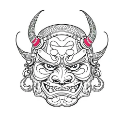 White, minimalis line art , oni mask japanes funny , vector, white background, outline, with images neatly contained within the background, just black and white color,