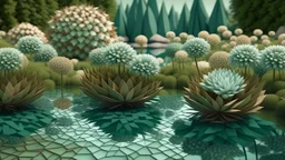 Contemplative and realist photo of 3D geometric flowers. Background is a garden with a lake. Colors are light blue, light brown and light green.