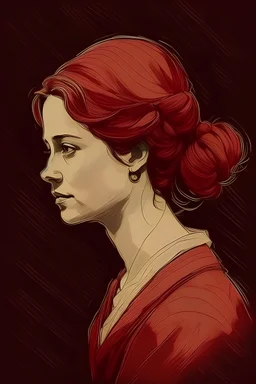 Draw a portrait of a beautiful Italian lady using dark red chalk, curved outlines, silhouettes lines extended as overhang lines style, silhouettes and creases and contour lines are drawn with dark red Conte, the final result is a sketching-drawing on a textured gray-green background,