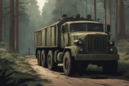 Military truck on a road, forest, overgrown apocalyptic, comic book, cinematic, far,