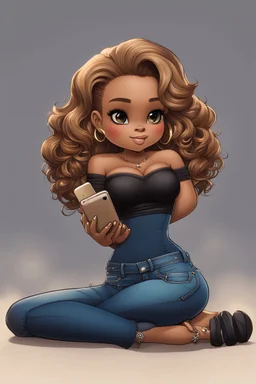 Create a furturism magna art of a black chibi curvy female sitting on the floor looking at her cell phone. She is wearing tight blue jeans and a black off the shoulder blouse. Prominent make up with lush lashes. Highly detailed wavy ombre blonde and brown long hair. She is also wearing silver large hoop earringsart of a black chibi curvy female sitting on the floor looking at her cell phone. She is wearing tight blue jeans and a black off the shoulder blouse. Prominent make up with lush lashes.