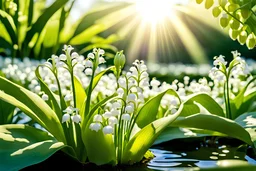 Magic garden with lily of the valley, white or parma light effects colors, sun, realistic, very detailed, nice lily of the valley in the park, pond, high contrast, 8k, high definition, concept art, sharp focus