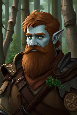 Firbolg, Ranger, Short Beard, In a forest, Brown Hair, Gentle Giant, Half smile, Leather Armor, Pale Blue Skin, Pine Needles on Armor, Green Eyes, Short Hair