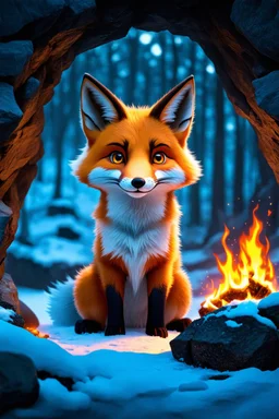 nyx as a fox living under the snow in a dark cave lit with fire