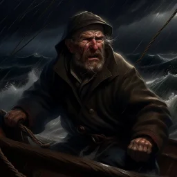 The angry fisherman "Boatsman" on a stormy sea realistic grimdark