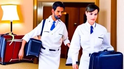 hotel employee looking suspicious stealing someone's baggage