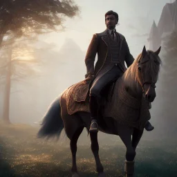 Full body, 3d render, Harry Potter 1800's men style, 1800's hair style, 1800's men clothes style, riding horse, hyper realistic, octane render, unreal engine 5, 8k, palace background, uhd