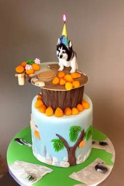 Birthday cake topped with a pool table, apricot tree and a husky dog