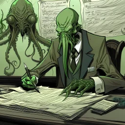 Cthulhu presents a contract to be signed.