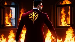 Hyper Realistic Photographic-Silhouette View of a handsome muscular Fire-Superhero wearing long-fancy-Maroon-tuxedo with-golden-flame-patterns on back of his tuxedo, fancy-red-sunglasses with fire-embers-around-him & standing on a vintage-crafted-balcony & open-fancy-burning-windows at dark night showing dramatic & cinematic ambiance.