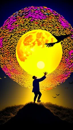 a straw man jumping to touch the moon, surrounded by multicolored paper birds, strong backlighting backlit, nostalgic and hazy