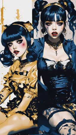 Poster in two gradually, a one side malevolent goth vampire girl face and other side the Singer Melanie Martinez face, full body, sit pose, painting by Yoji Shinkawa, darkblue and gold tones,