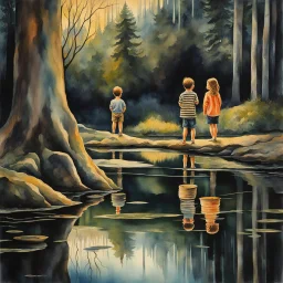 On bank of surreal pond, children at their reflections in the rippling pond stretching their reflected features in macabre horrifying ways, dark horror surrealism, detailed watercolor, dynamic lighting, sharp colors, smooth perfect picture, concept art.