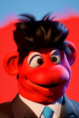 Waist up muppet Portrait, Kim Jong-un muppet doll, black suit, photo studio, red background, unreal engine 5, concept art, art station, ray tracing, lumen lighting, ultra detail, volumetric lighting, 3d.