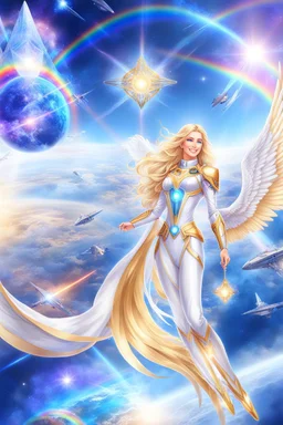 cosmic woman angels smile,admiral high commander from the future, one fine whole face, crystalline skin, expressive blue eyes,rainbow, smiling lips, very nice smile, costume rainbow pleiadian, Beautiful tall woman pleiadian Galactic commander, ship, perfect datailed golden galactic suit, high rank, long blond hair, hand whit five perfect detailed finger, amazing big blue eyes, smilling mouth, high drfinition lips, cosmic happiness, bright colors rainbow, blue, pink, gold, jewels, realist,8k