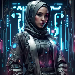 Fhoto full body, reality, Raw, hijab as cyberpunk, digital art, with logo text "addie", intricate details, powerful composition, captivating, , trending on artstation, sharp focus, studio photo, intricate details, highly detailed high tech, by addie_digi