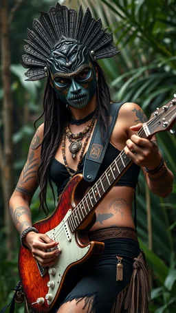 ultra HD shot of a strong young woman playing electric guitar. with a mask Mayan features, tribal tattoos, textured copper skin, tribal jewelry, large, Background of the figure in a jungle environment.