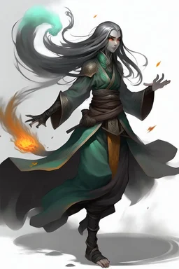 Air genasi from dnd with ashesen skin and asian flowing hair herematerial smoke Monk attire with ash giant Black Smoke Some hair