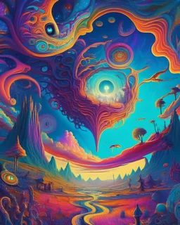 A kaleidoscopic, otherworldly realm where vibrant colors and swirling patterns create a hypnotic, mesmerizing scene. Strange, fantastical creatures roam the landscape, and the sky is alive with cosmic phenomena, inviting the viewer to lose themselves in the vivid, hallucinatory world.