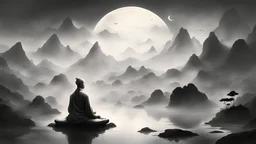 Lao Tzu meditating, misty mountains, serene expression, lotus position, ethereal light, golden highlights, YouTube thumbnail, 'Sống Tỉnh Thức' text, 'Sức Mạnh của Im Lặng' text, digital art style, black and white