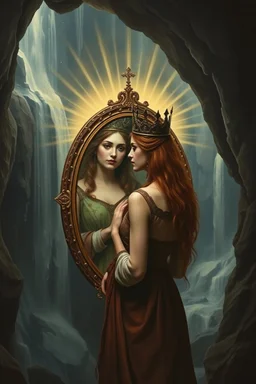 a woman standing in front of a mirror with reflection of her as a beautiful queen with a spiritual background the mirror, in the dark cave with waterfalls in the background, Bosch painting style