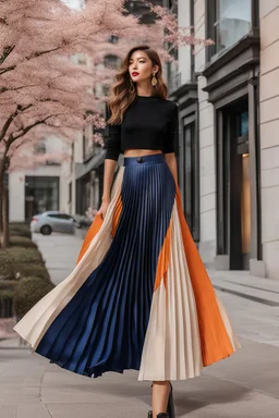 full body Spring 2024 Women's Pleated Skirt Fashion and Color,modern city scape,