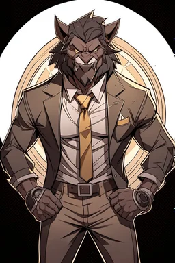 Buff, anthro, wolf, himbo, black fur, gold eyes, wearing a suit, full-body, muscles, strong, muscular, man boobs, bulky, tail, dark fur, smug grin, hands on hips,