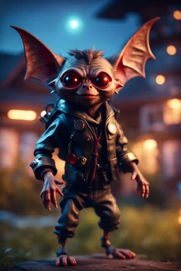 glowing vampire bat gremlin doctor pimp hippie in the evening, hovering with glowing jets from rocket backpack in the backyard, in the style of a fallout 4,bokeh like f/0.8, tilt-shift lens 8k, high detail, smooth render, down-light, unreal engine, prize winning