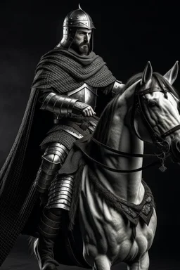 Medieval knight with a black and white checkered cape riding a horse