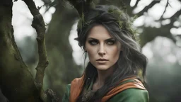 photoreal thirty-year-old gorgeous Guardian high priestess of the Eladrin with leather skin with mystical eyes looking like charlize theron wearing green and orange garments looking down perching on a tree branch at dawn by lee jeffries, otherworldly creature, in the style of fantasy movies, photorealistic, shot on Hasselblad h6d-400c, zeiss prime lens, bokeh like f/0.8, tilt-shift lens 8k, high detail, smooth render, unreal engine 5, cinema 4d, HDR, dust effect, vivid colors