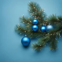 a branch of a Christmas tree on a blue background with blue Christmas toys