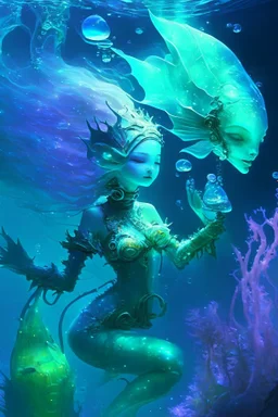 hybrid elf +Mermaid Diver, Weightless Swim, Bioluminescent Sea, Transparent Skin