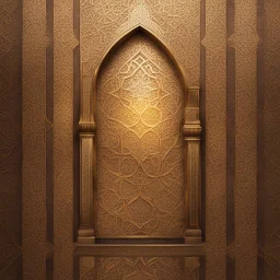 Hyper Realistic Bright-Glowing-Golden-Islamic-architecture-pattern on rustic-brown-rustic wall