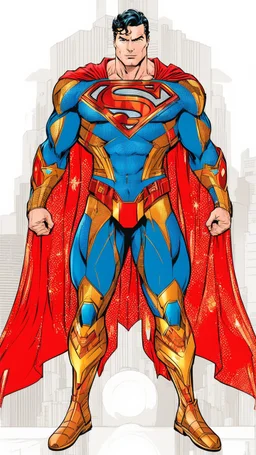 Superman in an advanced, decorated suit. The background is destroyed buildings and a sky colored with stars, planets and spaceships