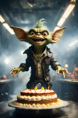 portrait of happy gremlin standing in a mega cake on a speeding locomotive in a wind tunnel birthday party in a storm cloud, in the style of a fallout 4,bokeh like f/0.8, tilt-shift lens 8k, high detail, smooth render, down-light, unreal engine, prize winning