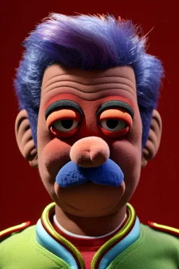 Waist up muppet Portrait, Nicolas maduro us muppet doll, Venezuelan president, tracksuit red blue and yellow, mustache, photo studio, red background, unreal engine 5, concept art, art station, ray tracing, lumen lighting, ultra detail, volumetric lighting, 3d.