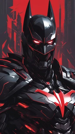 A very close picture to Mix between symbiote and machine and batman in transformers cyborg with black metal and red details armor in solo leveling shadow art style with red details detailsis in fantasy world