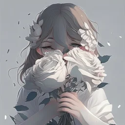 Pictures of a girl with a white background holding white roses covering her face Like from a cartoon movie, digital art, anime, 4k, full details, high resolution