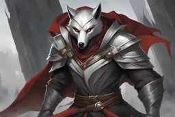 Anthropomorphic, silvery-white wolf with an elongated snout, gray mask-like markings on his face, sharp teeth, and glaring sinister red eyes. He wears a black cloak with a built-in hood, and brown trousers under the cloak. He also has brownish-gray wraps around his wrists and calves, and carries a pair of razor-sharp sickles that can be combined at the handle and extended to form a double-bladed scythe in 8k solo leveling shadow artstyle, machine them, close picture,