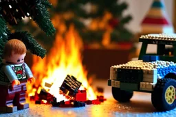 A crying toddler takes a burning car out of a LEGO box marked Land Rover next to the Christmas tree.