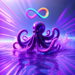 infinity symbol ∞ with vibrant powerful octopus jumping out of the water, striking, neon, chiaroscuro, dramatic, captivating, powerful, fantasy, beautiful, octane render, 16k post-production, artstation: award-winning: atmospheric: commanding: fantastical: clarity: ultra quality: striking: brilliance: stunning colors: amazing depth; lens: f/11, 35mm