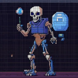 A pixel art cyberpunk version of the best football predictor master pundit soccer master skelleton