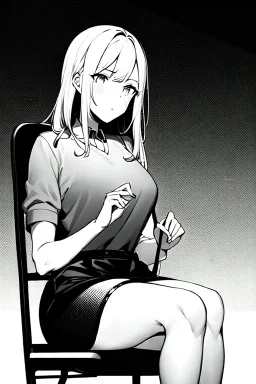 blonde girl speaks sitting on a chair, grayscale