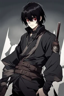 medium dark hair, war clothes, face with a cut in the eye, anime style