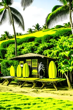 tropical island with surf shack with black and yellow surf boards