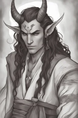 A dnd character portrait, a tiefling man with long hair and long black horns, white eyes and pale skin. Handsome, door lean.