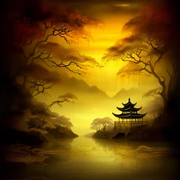 An ethereal asian dreamscape filled with dark golden mist, peaceful and romantic, soft flowing fabric, oriental mood