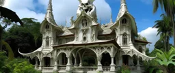 A white vampire bat chateau designed in Hawaiian tiki statues painted by Claude Monet