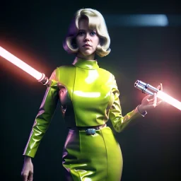 Ultra Realistic retro sci-fi portrait image from 1960, spaceship, sweet young Jane Fonda, dress with tight latex suit, fighting stance with lightsaber, soft color, highly detailed, unreal engine 5, ray tracing, RTX, lumen lighting, ultra detail, volumetric lighting, 3d, finely drawn, high definition, high resolution.